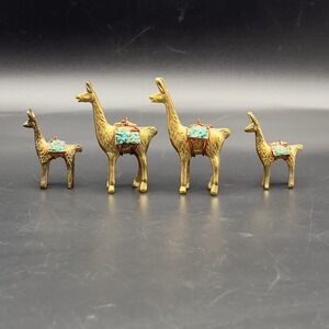 Brass Llama Alpaca Figurines Chrysocolla Stones, PERU Copper Pack VTG Set of 4